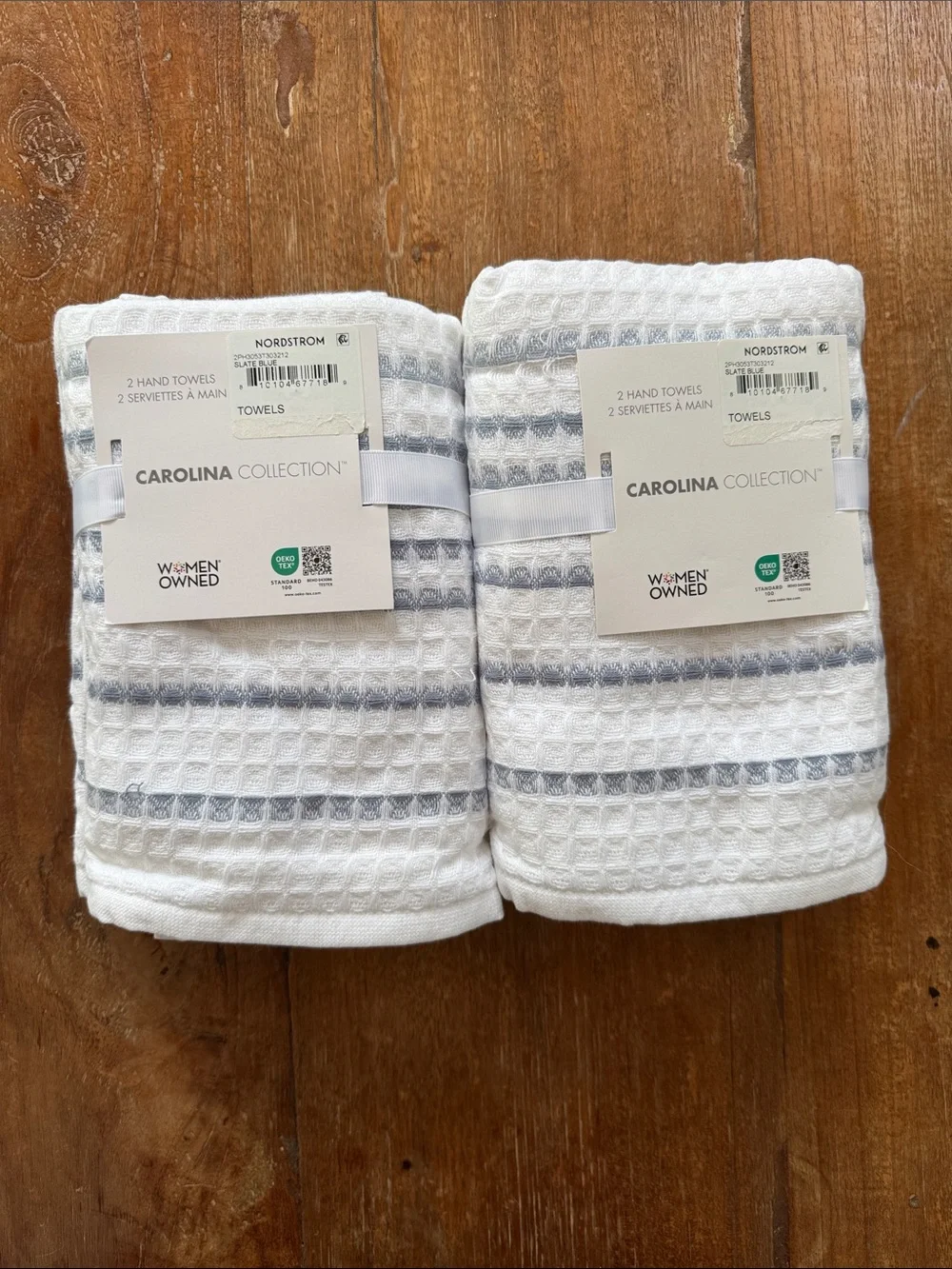White with Slate blue Stripe Waffle Weave Hand Towels - Set of 2